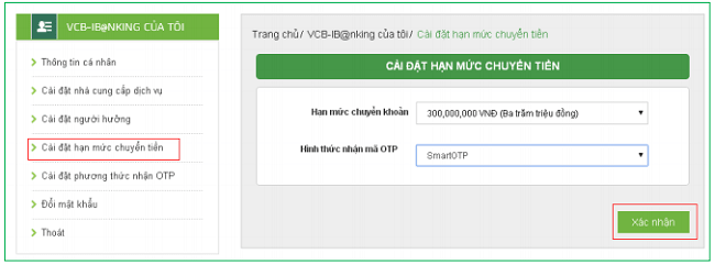 Cài đặt hạn mức chuyển tiền trên Vietcombank Online