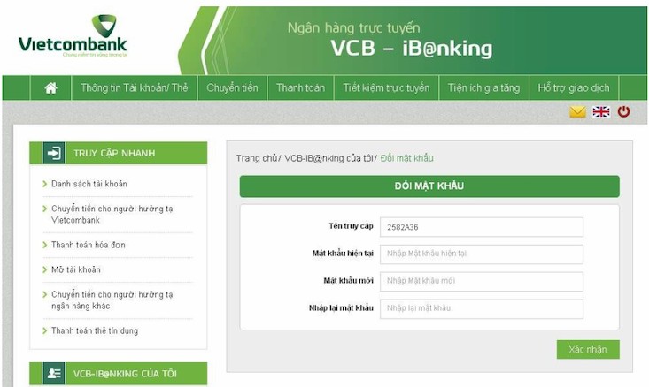 Đổi mật khẩu Internet Banking Vietcombank