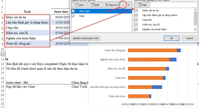 Edit lại cho mục Horizontal (category) Axis Labels