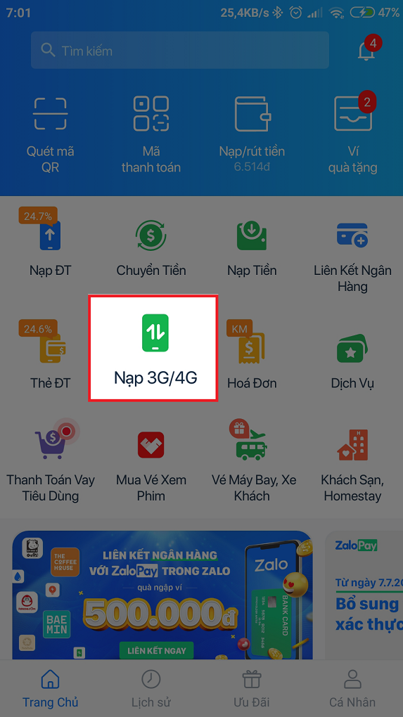 chọn Nạp 3G/4G