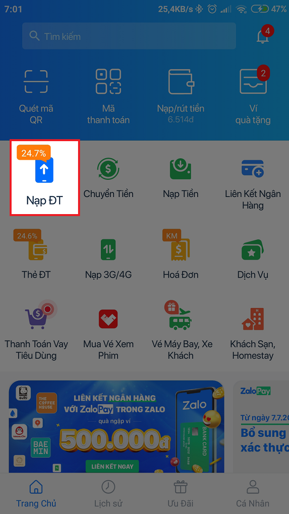 chọn Nạp ĐT