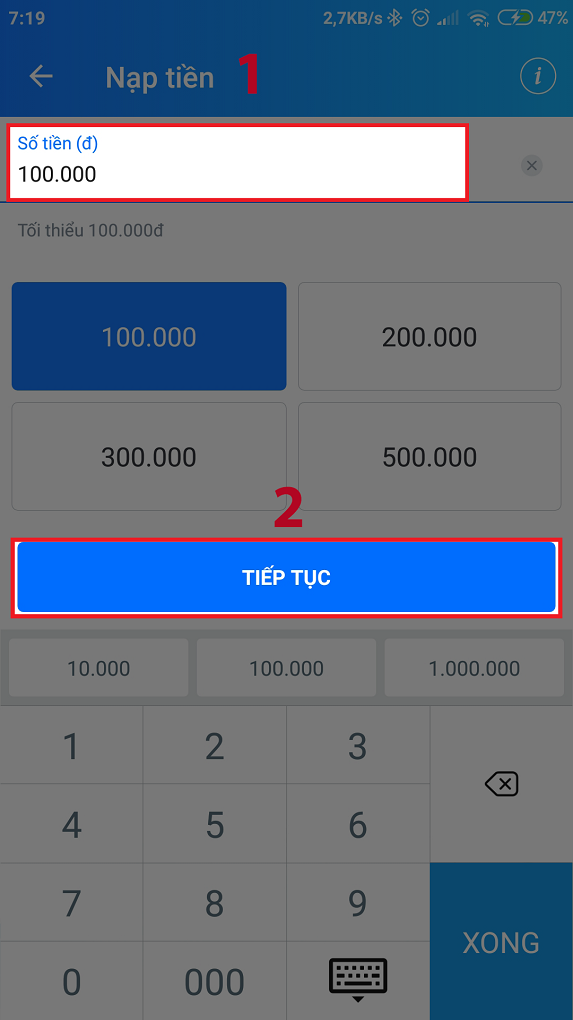 Nhập số tiền muốn nạp
