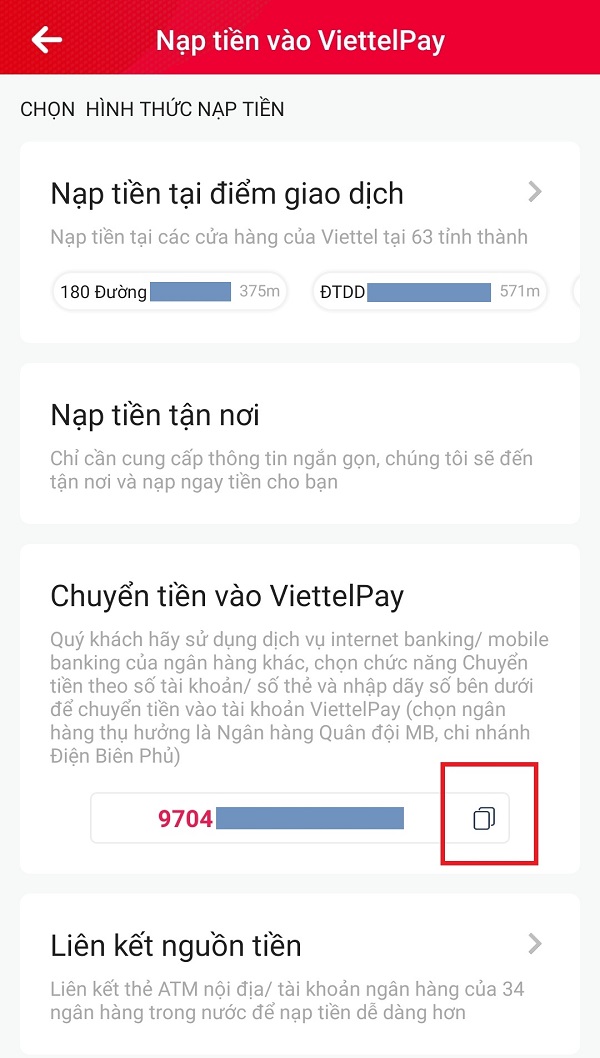 sao chép mã số thẻ ViettelPay