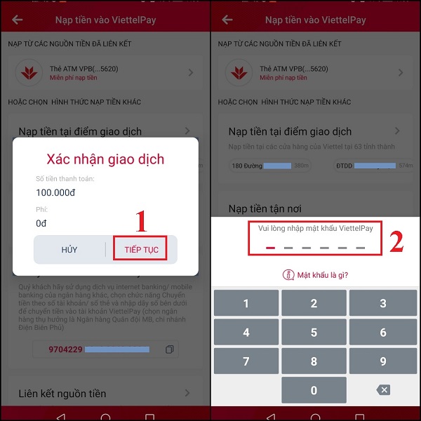 Nhập mật khẩu để chuyển tiền vào ViettelPay