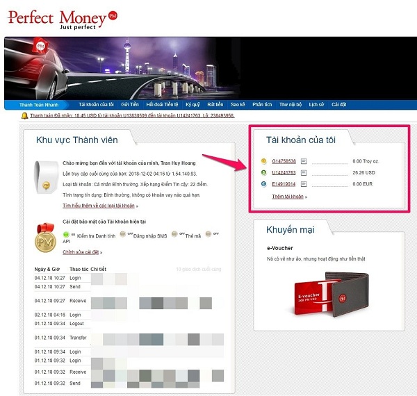 Các tài khoản nhận tiền của Perfect Money