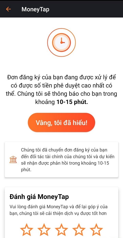 MoneyTap sẽ thông báo kết quả hồ sơ vay